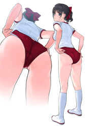 1girl adjusting_buruma adjusting_clothes adjusting_panties ass bow bralines buruma commentary_request cropped_legs facing_away from_behind frown full_body hair_bow highres kneehighs kneepits looking_at_viewer looking_back mibu_natsuki multiple_views original panties panties_under_buruma ponytail red_bow red_buruma shirt shoes short_sleeves simple_background sleeves_rolled_up socks solo standing sweat underwear uwabaki white_background white_shirt white_socks