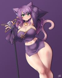 Rule 34 | 1girl, animal ears, bell, breasts, cat ears, cat girl, cat tail, choker, cleavage, collarbone, crop top, extra ears, green eyes, highres, indie virtual youtuber, large breasts, long hair, looking at viewer, microphone, microphone stand, microskirt, mole, mole on breast, navel, neck bell, pointy ears, purple hair, purple skirt, ryou sakai, shirt, skirt, solo, strapless, strapless shirt, sugoinat, tail, virtual youtuber