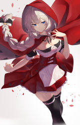Rule 34 | 1girl, absurdres, alternate breast size, black bow, black ribbon, black thighhighs, blue eyes, bow, braid, braided ponytail, breasts, buttons, cape, cleavage, closed mouth, crossed legs, dress, fate/grand order, fate (series), feet out of frame, grey background, hair bow, hand up, heroic spirit festival outfit, highres, hood, hood up, hooded cape, jitome, large breasts, long hair, looking at viewer, marie antoinette (fate), marie antoinette (festival outfit) (fate), neck ribbon, official alternate costume, petals, red cape, red dress, red hood, ribbon, scottie (phantom2), silver hair, single braid, smile, thigh strap, thighhighs, thighs, two-tone bow, underbust, very long hair, watson cross, white bow, zettai ryouiki