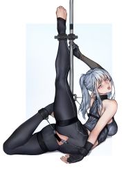 Rule 34 | 1girl, absurdres, ak-12 (girls&#039; frontline), bar censor, bare shoulders, bdsm, black gloves, black legwear, blue background, bondage, border, bound, breasts, censored, clamps, cuffs, elbow gloves, feet, fingerless gloves, girls&#039; frontline, gloves, grey hair, halterneck, harness, highres, iuui, large breasts, no panties, open mouth, pink eyes, pole, ponytail, pussy, pussy juice, sideboob, sidelocks, solo, suspension, toeless legwear, toes, white border