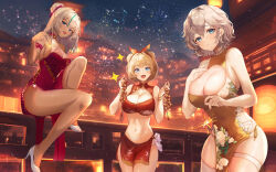 3girls aerial_fireworks architecture armpit_crease ass bare_hips bare_legs bare_shoulders blonde_hair blue_eyes blunt_bangs bob_cut breasts brown_dust brown_dust_(series) china_dress chinese_clothes cleavage cleavage_cutout clothing_cutout collarbone covered_navel dark-skinned_female dark_skin double_bun dress east_asian_architecture fireworks groin hair_between_eyes hair_bun half-closed_eyes happy_new_year high_heels highres large_breasts long_bangs long_hair medium_breasts midriff multiple_girls navel new_year parted_lips pelvic_curtain revealing_clothes short_hair sideboob single_hair_bun skindentation smile sparkler tareme thick_thighs thighhighs thighs tsurime vardan white_hair