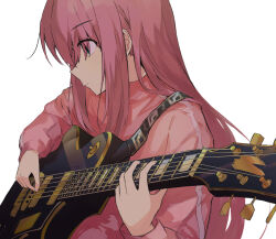 Rule 34 | 1girl, blue eyes, bocchi the rock!, closed mouth, electric guitar, gibson les paul, gotoh hitori, guitar, holding, holding instrument, instrument, jacket, kiyakyuu, long hair, long sleeves, music, pink hair, pink jacket, playing instrument, simple background, solo, track jacket, upper body, white background