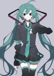 Rule 34 | 1girl, black shirt, black skirt, black thighhighs, blue hair, blue nails, blue necktie, closed mouth, collared shirt, detached sleeves, grey background, hatsune miku, headphones, headset, highres, long hair, looking at viewer, nail polish, necktie, pleated skirt, shirt, simple background, skirt, solo, thighhighs, twintails, very long hair, vocaloid, xx asui