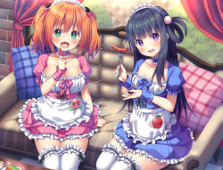 Rule 34 | 2girls, apple, apron, artist request, asa no ha (awayuki), black hair, blue dress, blunt bangs, breasts, check artist, cleavage, couch, curtains, dress, food, fork, frilled dress, frilled legwear, frills, fruit, grass, green eyes, highres, holding, holding fork, indoors, large breasts, long hair, looking at viewer, maid headdress, medium breasts, medium hair, multiple girls, official art, open mouth, orange hair, peach, pillow, pink dress, purple eyes, sausage, short sleeves, sidelocks, sitting, thighhighs, window, wrist cuffs