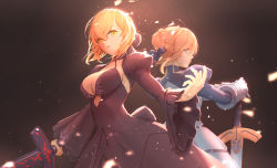 Rule 34 | 2girls, ahoge, armor, armored dress, artoria pendragon (all), artoria pendragon (fate), black background, blonde hair, blue ribbon, braid, breasts, cleavage cutout, clothing cutout, cowboy shot, dark persona, excalibur (fate/stay night), excalibur morgan (fate), fate/grand order, fate (series), french braid, gauntlets, green eyes, hair between eyes, hair ribbon, highres, juliet sleeves, large breasts, long sleeves, looking at viewer, multiple girls, parted lips, planted, planted sword, planted weapon, puffy sleeves, ribbon, saber (fate), saber alter, sword, tenshin kagehisa, weapon, wide sleeves, yellow eyes