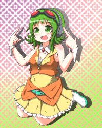 Rule 34 | 1girl, belt, boots, goggles, goggles on head, green eyes, green hair, gumi, headphones, headset, kenno9mp40, kneeling, matching hair/eyes, open mouth, smile, solo, vocaloid, wrist cuffs