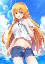 Rule 34 | 1girl, :d, ahoge, aqua eyes, bird, bow, bow panties, bra, bra visible through clothes, braid, clothes lift, cloud, day, denim, denim shorts, gem, hair ornament, highres, jewelry, lens flare, lifting own clothes, long hair, midriff, miso (misomiso 154), navel, necklace, ocean, open mouth, orange hair, outdoors, panties, pecorine (princess connect!), pecorine (real) (princess connect!), princess connect!, see-through, shirt, shirt lift, short shorts, short sleeves, shorts, sky, smile, solo, striped bra, striped clothes, striped panties, t-shirt, teeth, thighs, unbuttoned, underwear, unzipped, upper teeth only, white shirt, zipper
