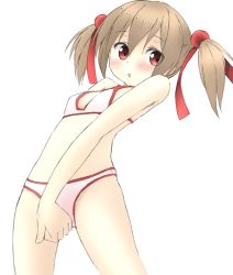 Rule 34 | 1girl, :o, bad id, bad pixiv id, bare shoulders, blush, bra, breasts, brown hair, embarrassed, hair between eyes, hair bobbles, hair ornament, hair ribbon, kurocchi, looking away, open mouth, panties, pink bra, pink panties, red eyes, ribbon, short hair, silica, simple background, sketch, small breasts, solo, sword art online, twintails, underwear, white background