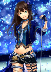 Rule 34 | 10s, 1girl, belt, black hair, chain, closed mouth, collarbone, commentary request, cowboy shot, earrings, eyebrows, fingerless gloves, gloves, green eyes, hair ornament, hakobi (8kb), hand up, hat, head tilt, highres, idolmaster, idolmaster cinderella girls, idolmaster cinderella girls starlight stage, jewelry, long hair, looking at viewer, microphone, microphone stand, midriff, mini hat, navel, necktie, shibuya rin, smile, solo, striped necktie, striped neckwear