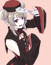 Rule 34 | 1girl, absurdres, arms up, detached sleeves, double bun, hair bun, hat, highres, jiangshi costume, long sleeves, looking at viewer, ofuda, open mouth, original, pink background, qingdai guanmao, red eyes, sidelocks, simple background, smile, solo, tanaka hirotaka, wide sleeves