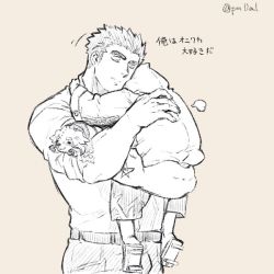 Rule 34 | 2boys, age difference, aged down, carrying, character doll, child, child carry, cu sith (housamo), doll, hand on another&#039;s back, holding, holding doll, hood, hood up, hooded jacket, houzouin oniwaka, jacket, male focus, monochrome, multiple boys, muscular, muscular male, pink theme, pmlial, protagonist 3 (housamo), short hair, sideburns, size difference, sleeves rolled up, smile, tokyo houkago summoners, translation request