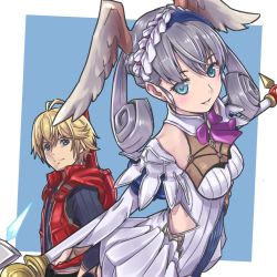 Rule 34 | 1boy, 1girl, blonde hair, blue eyes, closed mouth, curly hair, dress, from side, head wings, highres, holding, holding staff, long sleeves, looking to the side, melia antiqua, o-ring, parted lips, puffy sleeves, red vest, short hair, shulk (xenoblade), simple background, staff, vest, wings, xenoblade chronicles: future connected, xenoblade chronicles (series), xenoblade chronicles 1, yazwo