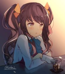 Rule 34 | 1girl, :t, blush, bow, bowtie, breasts, brown hair, crossed arms, drink, hair ribbon, kantai collection, long hair, medium breasts, multicolored hair, naganami (kancolle), one-hour drawing challenge, orange ribbon, pink hair, pout, ribbon, senbei (senbe i), shirt, sitting, solo, twintails, twitter username, two-tone hair, upper body, wavy hair, white shirt, yellow eyes