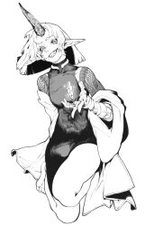 Rule 34 | 1girl, absurdres, arm tattoo, arm wrap, bare shoulders, barefoot, blunt ends, breasts, china dress, chinese clothes, colored sclera, crystal, dress, full body, greyscale, grin, hand up, highres, horns, jacket, jumping, long hair, long sleeves, looking at viewer, matata1203, medium breasts, monochrome, off shoulder, original, pointy ears, short hair, simple background, single horn, sleeveless, sleeveless dress, smile, solo, tattoo, teeth