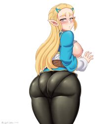 Rule 34 | 1girl, abridged-satoko, ass, ass focus, blonde hair, breasts, green eyes, highres, huge ass, large breasts, nintendo, pants, princess zelda, the legend of zelda, the legend of zelda: breath of the wild, thick eyebrows, thick thighs, thighs, tight clothes, tight pants, topless, wide hips