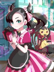 Rule 34 | 1girl, apron, ascot, black apron, black ascot, black hair, black nails, blush, closed mouth, commentary request, creatures (company), dress, earrings, eyelashes, floating hair, game freak, gen 3 pokemon, gift, green eyes, hair ribbon, heart, highres, holding, holding gift, jewelry, looking at viewer, marnie (palentine&#039;s 2022) (pokemon), marnie (pokemon), mawile, nail polish, nintendo, official alternate costume, pink dress, pink ribbon, pokemon, pokemon (creature), pokemon masters ex, ribbon, saki pokeoekaki, short sleeves, smile, twintails, valentine, waist apron, wrist cuffs