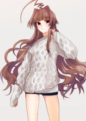 Rule 34 | 1girl, ahoge, alternate costume, black shorts, blunt bangs, breasts, brown eyes, brown hair, closed mouth, grey background, huge ahoge, kajii supana, kantai collection, kuma (kancolle), long hair, long sleeves, shorts, simple background, sleeves past wrists, small breasts, solo, sweater, twitter username, very long hair, white sweater