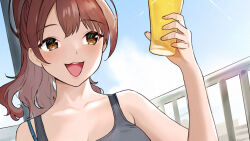 Rule 34 | 1girl, alcohol, arm up, bare arms, bare shoulders, beer, beer glass, black tank top, blue sky, blush, bra strap, breasts, brown hair, cloud, cloudy sky, cup, doushimasho, holding, holding cup, long hair, medium breasts, open mouth, original, outdoors, ponytail, railing, sky, sleeveless, solo, tank top, teeth, upper teeth only, yellow eyes