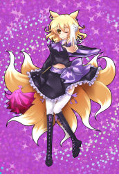 Rule 34 | 1girl, animal ears, bad id, bad pixiv id, blonde hair, boots, cross-laced footwear, detached sleeves, duster, female focus, fox ears, fox tail, frilled skirt, frills, halftone, halftone background, knee boots, lace-up boots, multiple tails, navel, one eye closed, outstretched hand, purple theme, short hair, skirt, smile, solo, tail, thighhighs, tomcho, touhou, white thighhighs, yakumo ran, yellow eyes, zettai ryouiki