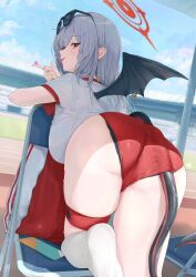 Rule 34 | 1girl, :p, akita hika, ass, ass focus, black panties, blue archive, buruma, chair, closed mouth, commentary request, day, eyewear on head, from behind, grey hair, halo, haruna (blue archive), haruna (track) (blue archive), highres, long hair, looking at viewer, official alternate costume, outdoors, panties, panties under buruma, red buruma, red eyes, red halo, saliva, saliva trail, shirt, short sleeves, smile, soles, sunglasses, tail, thigh strap, thighhighs, thighs, tongue, tongue out, underwear, wet, white shirt, white thighhighs, wings