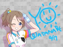 Rule 34 | 1girl, ;), alternate hairstyle, aqua eyes, aqua wristband, artist name, artist request, black gloves, blue eyes, blush, bottle, bracelet, braveheart coaster, breasts, brown hair, checkered background, collared shirt, cyaron (love live!), earrings, female focus, fingerless gloves, gloves, grey hair, hair between eyes, hair bobbles, hair ornament, high ponytail, highres, jewelry, light brown hair, looking at viewer, love live!, love live! sunshine!!, one eye closed, parted lips, ponytail, shirt, shirt tied around waist, short hair, single fingerless glove, single glove, small breasts, smile, solo, spray bottle, star (symbol), star earrings, star hair ornament, star print, upper body, watanabe you, white shirt, wristband, x hair ornament