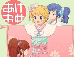 Rule 34 | 10s, 3girls, :d, aikatsu!, aikatsu! (series), akeome, akiaki (sorariku45), alternate hairstyle, blonde hair, blue eyes, blue hair, blush, braid, brown hair, crown braid, dressing, floral print, frilled kimono, frills, fur-trimmed kimono, fur trim, furisode, geta, hair ornament, hair ribbon, happy new year, highres, hoshimiya ichigo, japanese clothes, kimono, kiriya aoi, lace, lace-trimmed kimono, lace trim, layered clothes, layered kimono, long hair, multiple girls, new year, obi, open mouth, pink eyes, ponytail, purple eyes, ribbon, sash, shibuki ran, side ponytail, simple background, smile