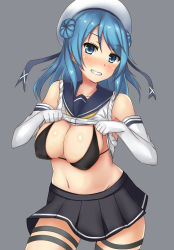 Rule 34 | 1girl, bad id, bad pixiv id, black skirt, blue eyes, blue hair, blush, breasts, clothes lift, dress, elbow gloves, gloves, grey background, hat, kantai collection, large breasts, lifted by self, long dress, long hair, looking at viewer, miniskirt, peaked cap, sailor collar, sailor dress, school uniform, serafuku, shirt lift, simple background, skirt, skirt lift, smile, solo, swimsuit, terakoya, thigh strap, urakaze (kancolle), white gloves