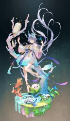 Rule 34 | 1girl, antlers, bug, butterfly, creature, dress, fish, floating, full body, green eyes, grey hair, hands up, highres, horns, insect, lantern, long hair, looking at viewer, luo tianyi, mushroom, no shoes, parted lips, short dress, solo, tidsean, vocaloid, vsinger