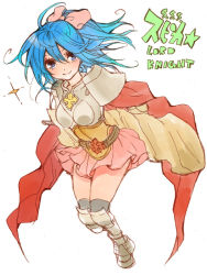 Rule 34 | 1girl, armor, belt, belt buckle, blue eyes, blue hair, bow, breastplate, buckle, cape, cross, greaves, hair ribbon, lala (sputnik), lord knight (ragnarok online), armored boots, pink bow, pink skirt, ragnarok online, ribbon, simple background, skirt, smile, solo, spica parfait, strong stars story