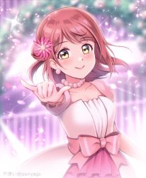 Rule 34 | 1girl, artist name, artist request, awakening promise (love live!), belt, blush, bow, braid, braided bun, breasts, cleavage, collarbone, dress, dress bow, earrings, female focus, floating hair, flower, frilled dress, frilled skirt, frills, gloves, green eyes, hair bun, hair flower, hair ornament, highres, jewelry, looking at viewer, love live!, love live! nijigasaki high school idol club, love live! school idol festival, miniskirt, necklace, orange hair, outdoors, parted lips, pearl earrings, pearl necklace, pink belt, pink bow, pink dress, pink flower, pink skirt, pink wrist cuffs, plaid, plaid dress, plaid skirt, pleated, pleated dress, pleated skirt, ponyagii, puffy short sleeves, puffy sleeves, red hair, short hair, short sleeves, side bun, single side bun, skirt, skirt under dress, small breasts, smile, solo, sparkle, two-tone dress, uehara ayumu, wavy hair, white dress, white gloves, wrist cuffs, yellow eyes