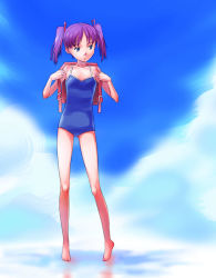 Rule 34 | 1000, 1girl, backpack, bag, barefoot, blue eyes, cloud, day, flat chest, looking away, one-piece swimsuit, original, purple hair, randoseru, school swimsuit, short twintails, sky, solo, swimsuit, twintails