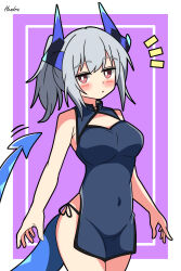 1girl absurdres alternate_costume arknights artist_name bare_arms bare_shoulders black_dress black_outline blush border breasts bright_pupils china_dress chinese_clothes cleavage_cutout closed_mouth clothing_cutout commentary_request cowboy_shot dragon_girl dragon_horns dragon_tail dress expressionless grey_hair hendra highres horns liskarm_(arknights) looking_at_viewer medium_breasts motion_lines notice_lines outline outside_border partial_commentary pelvic_curtain pink_eyes ponytail purple_background purple_horns purple_tail short_hair side_slit signature simple_background sleeveless sleeveless_dress solo standing tail tail_raised white_border white_pupils