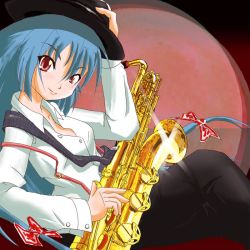 Rule 34 | &gt;:), 1girl, adapted costume, alternate hair color, blue hair, bow, dress shirt, fedora, female focus, fujiwara no mokou, glint, hair bow, hat, instrument, long hair, looking at viewer, northfox, pants, red eyes, saxophone, shirt, smile, solo, strap, suspenders, touhou, unbuttoned, v-shaped eyebrows, very long hair