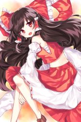 Rule 34 | 1girl, :d, bad id, bad pixiv id, bare shoulders, black hair, blush, bow, cheunes, detached sleeves, hair bow, hair tubes, hakurei reimu, highres, large bow, loafers, long hair, midriff, open mouth, red eyes, ribbon-trimmed sleeves, ribbon trim, sarashi, shoes, signature, skirt, skirt set, smile, solo, touhou, turning head, very long hair, wide sleeves