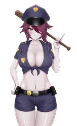 Rule 34 | 1girl, alternate costume, baseball bat, bat (animal), belt, blue hat, blue shorts, breasts, cleavage, closed mouth, cowboy shot, genshin impact, hair over one eye, hat, highres, holding, holding baseball bat, large breasts, looking at viewer, midriff, multicolored hair, navel, one eye covered, police, police hat, police uniform, policewoman, purple eyes, purple hair, rosaria (genshin impact), shiny skin, short shorts, short sleeves, shorts, simple background, smile, solo, standing, streaked hair, uniform, vik (xypt7474), white background
