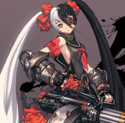 Rule 34 | 10s, 1girl, absurdres, asymmetrical clothes, blade &amp; soul, eyepatch, female focus, fingerless gloves, gauntlets, gloves, gun, highres, multicolored hair, pohwaran, sailor collar, slit pupils, solo, twintails, two-tone hair, weapon