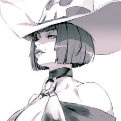 Rule 34 | 1girl, arc system works, bare shoulders, black hair, blue eyes, breasts, cleavage, greyscale, guilty gear, hat, i-no, large breasts, mole, mole under eye, monochrome, witch hat