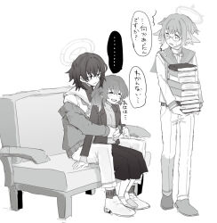 Rule 34 | 1girl, 2boys, ^^^, arm support, between legs, blue archive, book, book stack, cardigan, couch, female sensei (blue archive), genderswap, genderswap (ftm), glasses, greyscale, halo, holding, holding book, hug, hug from behind, jacket, long sleeves, monochrome, multiple boys, neckerchief, on couch, pants, round teeth, sailor collar, sensei (blue archive), senta (ysk 0218), shimiko (blue archive), short-sleeved jacket, short hair, short sleeves, sitting, skirt, teeth, ui (blue archive), white background