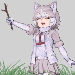 Rule 34 | 1girl, :d, ^ ^, animal ear fluff, animal ears, belt, closed eyes, cowboy shot, dog (mixed breed) (kemono friends), dog ears, elbow gloves, fangs, fur-trimmed sleeves, fur trim, gloves, grass, grey background, grey hair, grey skirt, holding, holding stick, kemono friends, multicolored hair, nyifu, open mouth, outstretched arm, pantyhose, pleated skirt, short hair, short sleeves, simple background, skirt, smile, solo, stick, two-tone hair, white gloves, white hair, white pantyhose