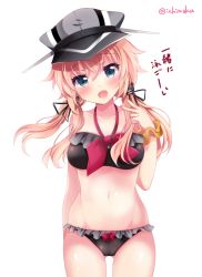Rule 34 | 10s, 1girl, anchor hair ornament, bikini, black bikini, blonde hair, blue eyes, blush, breasts, collarbone, frilled bikini, frills, gluteal fold, hair ornament, hat, ichiyou moka, kantai collection, looking at viewer, medium breasts, open mouth, peaked cap, prinz eugen (kancolle), simple background, skindentation, solo, swimsuit, translated, twintails, twitter username, upper body, white background