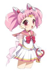 Rule 34 | 1990s (style), 1girl, :d, bad id, bad pixiv id, big hair, bishoujo senshi sailor moon, bishoujo senshi sailor moon supers, bow, brooch, chibi usa, choker, circlet, cone hair bun, cowboy shot, crescent, crescent earrings, crystal carillon, double bun, earrings, elbow gloves, gloves, hair bun, hair ornament, hairclip, heart, heart brooch, jewelry, looking at viewer, multicolored clothes, multicolored skirt, open mouth, pink bow, pink eyes, pink hair, retro artstyle, sailor chibi moon, sailor collar, see-through, skirt, smile, solo, stud earrings, super sailor chibi moon, twintails, white background, white gloves, white skirt, yupachi