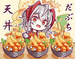 Rule 34 | 1girl, absurdres, antennae, apron, arknights, benizika, black shirt, bowl, chibi, copyright request, demon horns, fang, food, food focus, highres, horns, open mouth, red apron, red eyes, red horns, shirt, short sleeves, tempura, w (arknights), white hair