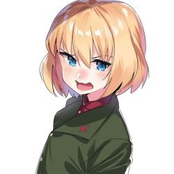 Rule 34 | 10s, 1girl, bad id, bad twitter id, blonde hair, blue eyes, blush, girls und panzer, green jacket, jacket, katyusha (girls und panzer), kerorira, looking at viewer, open mouth, portrait, red shirt, school uniform, shirt, short hair, simple background, sketch, solo, tearing up, turtleneck, wavy mouth, white background