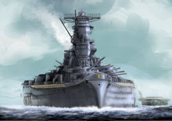 Rule 34 | battleship, cannon, imperial japanese navy, ishii hisao, military, military vehicle, no humans, original, ship, smoke, vehicle focus, warship, watercraft, yamato (battleship)