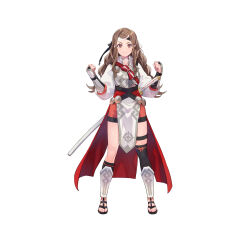 Rule 34 | 1girl, absurdres, alternate costume, arm guards, armor, asymmetrical legwear, breastplate, brown eyes, brown hair, choker, clenched hands, closed mouth, commentary request, fire emblem, fire emblem fates, fire emblem heroes, full body, hana (fire emblem), hands up, headband, highres, japanese clothes, katana, long hair, long sleeves, looking at viewer, nintendo, official art, pelvic curtain, sandals, sheath, sheathed, shiny skin, sidelocks, smile, solo, sword, thigh strap, toeless footwear, toeless legwear, toenails, toes, weapon, white background, yuko (uc yuk)