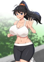 Rule 34 | 1girl, alternate breast size, antenna hair, bare arms, bare shoulders, bike shorts, black hair, black shorts, blue eyes, blurry, blurry background, breasts, cleavage, collarbone, day, ganaha hibiki, hair ornament, hair scrunchie, hand up, high ponytail, highres, idolmaster, idolmaster (classic), jabara tornado, long hair, looking at viewer, navel, open mouth, orange scrunchie, outdoors, scrunchie, shiny skin, shorts, smile, solo, sports bra, standing, standing on one leg, sweat, thighs, white footwear, white sports bra, wide hips