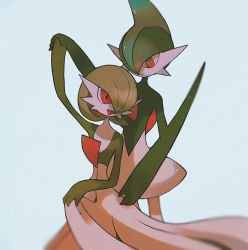Rule 34 | 1boy, 1girl, arm up, bad id, bad pixiv id, blue background, blurry, bob cut, closed mouth, colored skin, creatures (company), dancing, depth of field, eye contact, gallade, game freak, gardevoir, gen 3 pokemon, gen 4 pokemon, green hair, green skin, hair over one eye, happy, highres, holding hands, looking at another, mariya (mn 436), mohawk, multicolored skin, nintendo, open mouth, pokemon, pokemon (creature), red eyes, short hair, simple background, smile, standing, two-tone skin, white skin