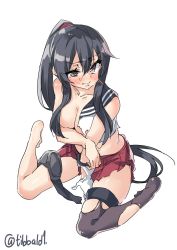 Rule 34 | 10s, 1girl, bad id, bad twitter id, bare shoulders, barefoot, between legs, black hair, black thighhighs, blush, breasts, brown eyes, cleavage, closed mouth, collarbone, ebifurya, full body, gloves, hair between eyes, hair over breasts, hand between legs, highres, inactive account, kantai collection, long hair, looking at viewer, medium breasts, no shoes, pleated skirt, ponytail, red skirt, school uniform, serafuku, sidelocks, simple background, single glove, single thighhigh, sitting, skirt, sleeveless, solo, sweat, thighhighs, torn clothes, torn gloves, torn skirt, torn thighhighs, twitter username, very long hair, wariza, white background, white gloves, yahagi (kancolle)