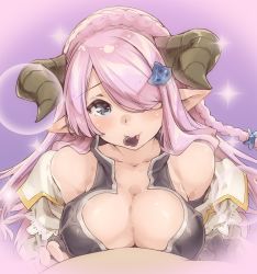 Rule 34 | 10s, 1girl, bare shoulders, black gloves, blue eyes, blush, braid, breasts, candy, chocolate, chocolate heart, cleavage, fingerless gloves, food, gloves, granblue fantasy, hair ornament, hair over one eye, heart, horns, large breasts, light purple hair, long hair, looking at viewer, mouth hold, narmaya (granblue fantasy), out of frame, pointy ears, solo focus, thomasz