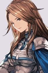 Rule 34 | 1girl, armor, blue cape, boobplate, breastplate, brown eyes, brown hair, cape, closed mouth, earrings, gauntlets, granblue fantasy, grey background, hungry clicker, jewelry, katalina (granblue fantasy), long hair, looking at viewer, simple background, smile, solo, upper body
